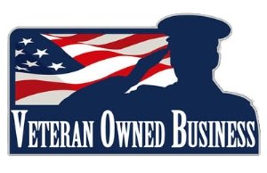 Veteran owned business badge with American flag in the background