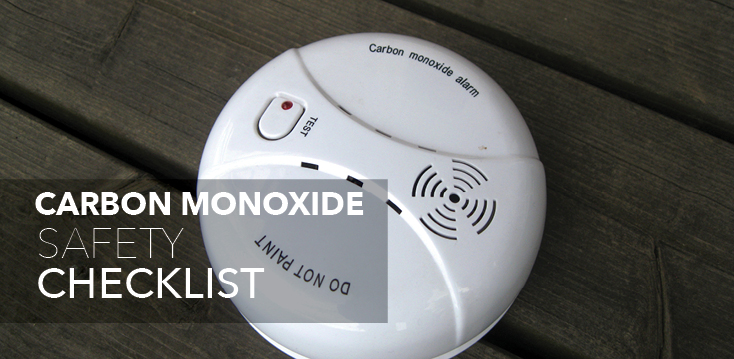 Carbon monoxide detector with text: "carbon monoxide safety checklist"