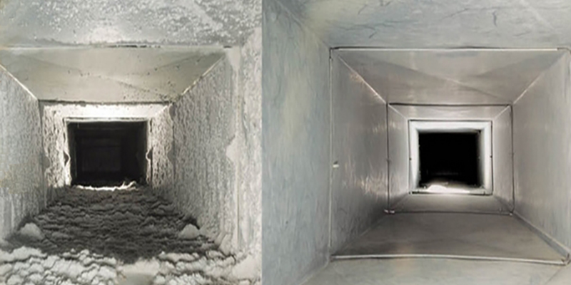 Side-by-side comparison of dirty and clean air ducts
