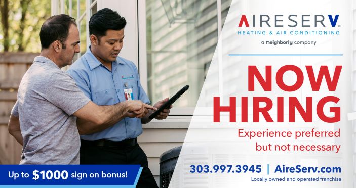 Now hiring banner with technician talking to customer. 
